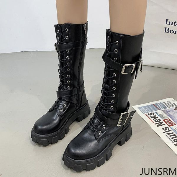 

boots autumn chunky high heels rock mid calf women's metal gothic platform punk round toe shoes fashion black lace short