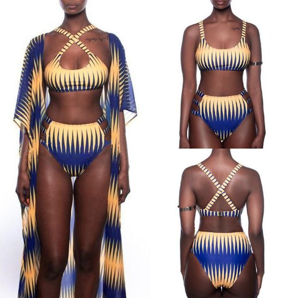

women's printed 3 pieces high waist bikini swimsuit maxi cover up swimwear with rash guards beach kimono bathing suit red blue s-xl, White;black