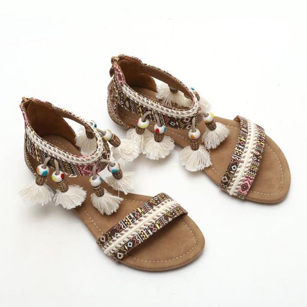 

sandals summer bohemian slope heel ladies european and american fairy style open toe flats hanging beads travel roman, Black