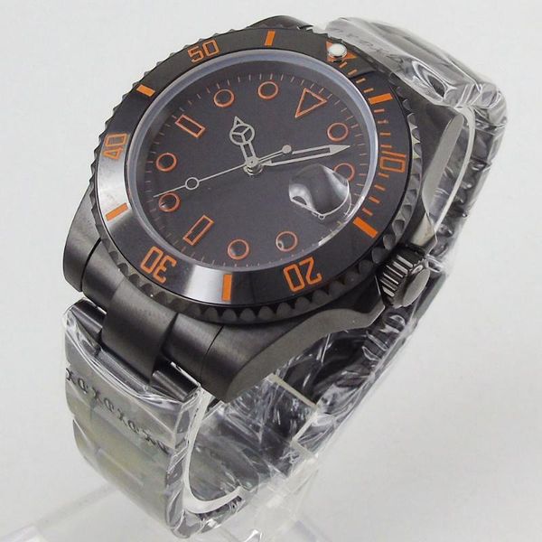 

wristwatches 40mm black sterile dial sapphire glass pvd coated ceramic bezel orange number date miyota 8215 movement automatic mens watch, Slivery;brown