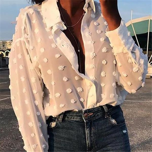 

women's blouses & shirts womens elegant long sleeve see-through sheer mesh polka dot loose ol shirt ladies chiffon blouse summer blusa, White