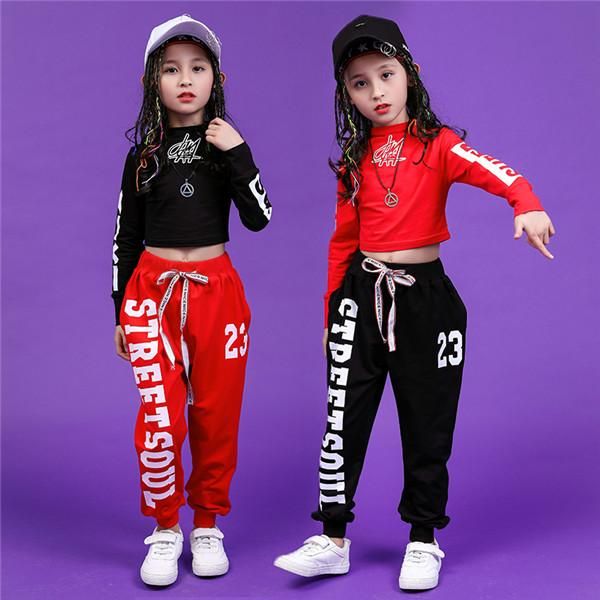 

jazz dance costumes for girls black red long sleeve jogger pants children hip hop costume kids street clothing sets, White