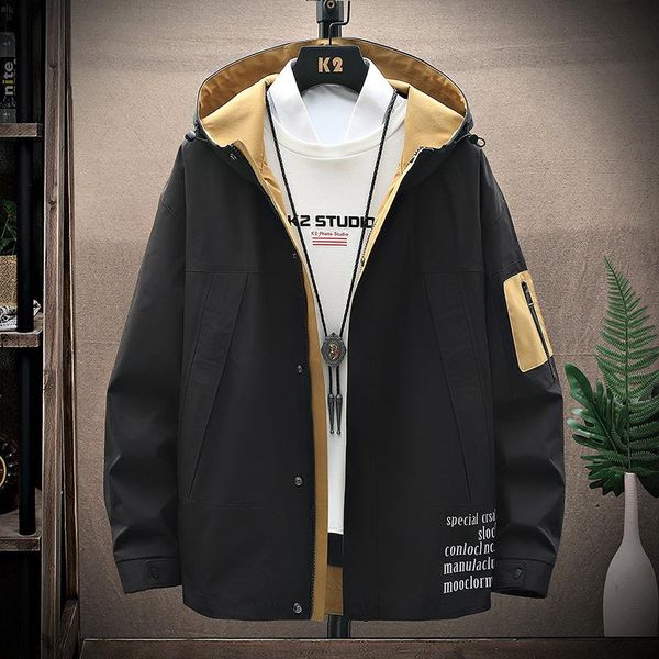 

men's jackets british style hooded coat autumn fashion youth work clothes leisure large loose jacket long sleeve zipper for warmth, Black;brown