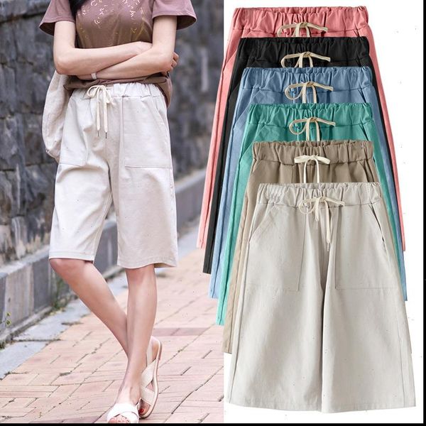 

women summer womens short bermuda shorts cotton wide legged leisure trousers large size loose elastic waist with belt 6xl 7xl, White;black