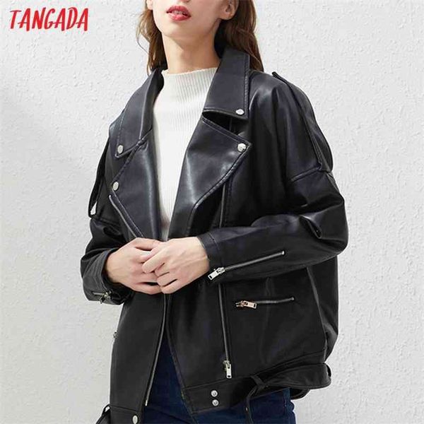 

tangada women black faux leather jacket coat ladies long sleeve loose oversize boy friend am33 210922, Black;brown