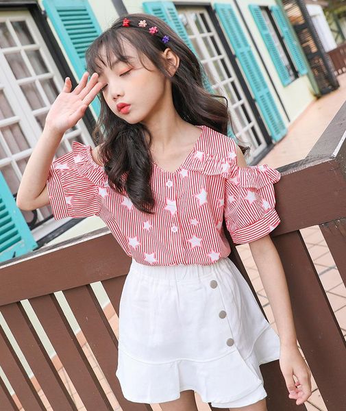 

shirts 2021 fashion off-the-shoulder blouse teen girls summer striped shirt cute star print cotton short sleeve kids clothes, White;black