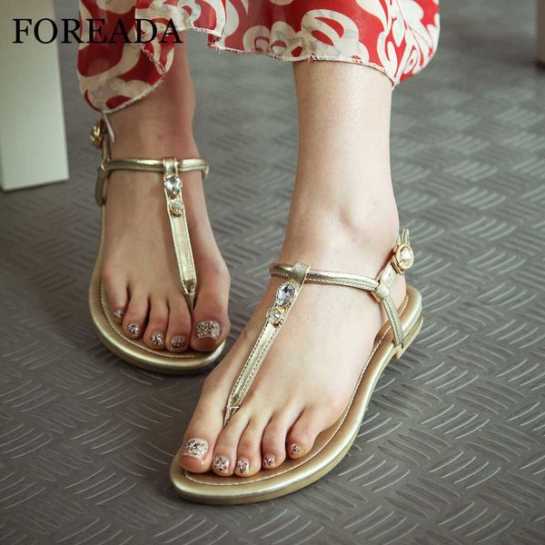 Forada Mulheres Sapatos de Verão Sandálias de Couro Genuíno Cristal Flat Shoes Fivela Open Toe T-Strap Sandálias Senhoras Ouro Plus Tamanho 3-12 Y0721