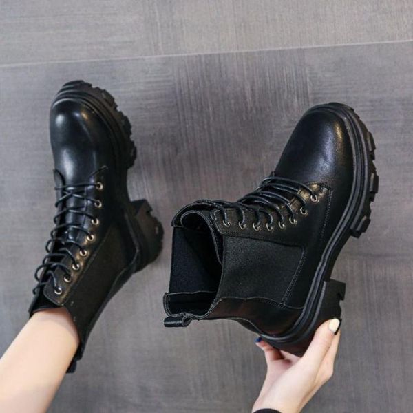

boots round toe med heel women shoes autumn boots-women booties ladies lace up luxury designer lolita black 2021 rubber flat