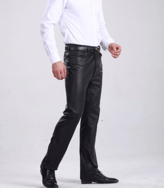 

men's pants fashion motorcycle men trousers casual thermal leather for autumn winter plus velvet thicken straight big size, Black