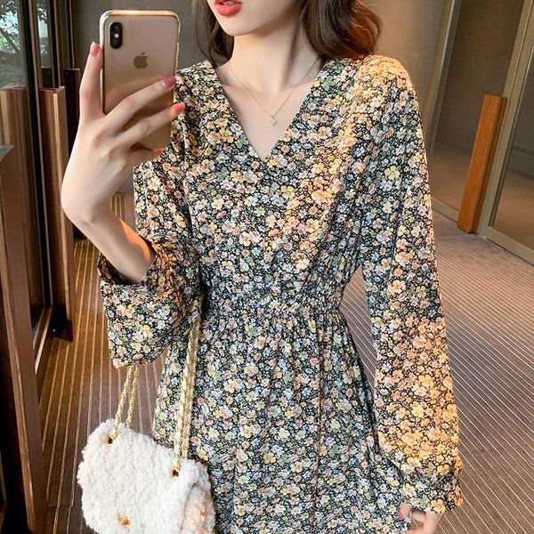 

casual dresses 2021 spring style waist slimming elegant french retro gentle chiffon floral over-the-knee dress for women, Black;gray