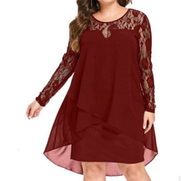 

luxury casual drs2021 large lace long sleeve splicing round neck irregular chiffon drs 3 colors 8, Black;gray