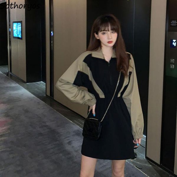 

long sleeve dress women panelled patchwork turn-down collar ins female high waist mini elegant cargo-style leisure casual dresses, Black;gray