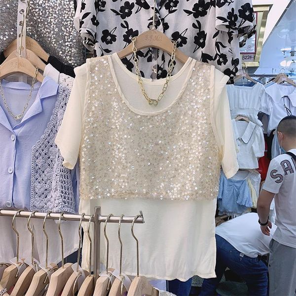 

women's t-shirt pullover chiffon blouse women short sleeve + heavy embroidery sequins vest 2021 summer outer lady blusas two piece, White