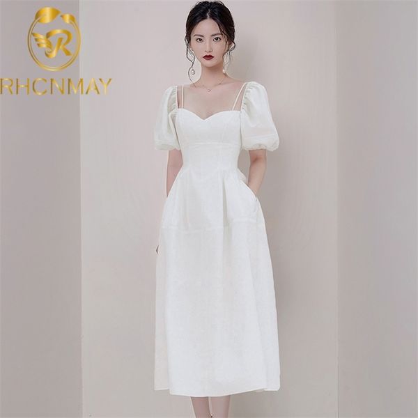 

fashion summer women white elegant dress v neck puff sleeves mid-calf solid empire slim party 210506, Black;gray