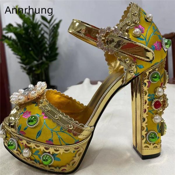 

sandals luxury embroidery satin jeweled women beaded rivet chunky heel crystal platform rhinestone summer shoes, Black
