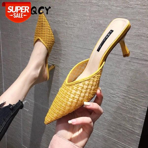 

Mesh Slippers Women New Summer Shoes Fashion Knitted Elastic Pointed Slides Spike Heels Beige Mules High #vD4Y, Black