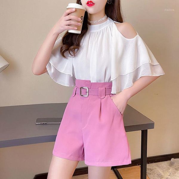 

women's tracksuits women 2021 summer fashion two-piece sets female solid color chiffon shirts ladies high waist loose wide-leg shorts s, Gray
