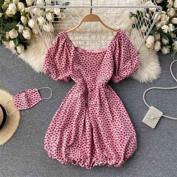 Vestido de Verão Moda Coreana Mulheres Quadrado Collar Spruff Manga Mini Vintage Floral Impressão Bola Vestido com Máscara 210603