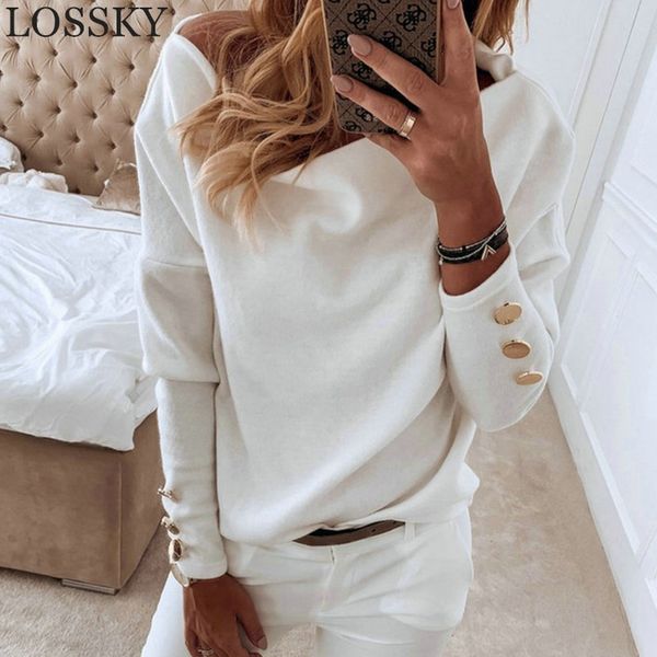 

women autumn winter off shoulder knitted sweater pullover long slash neck button solid casual streetwear 210520, White;black