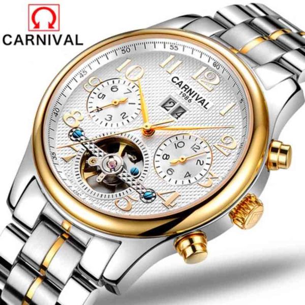 

carnival brand luxury sier gold automatic watches men's fashion waterproof calendar military mechanical clock relogio masculino, Slivery;brown