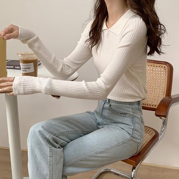 

ins basic korea long-sleeved collar solid color knit bottoming women sweater autumn-winter arrival female women's sweaters, White;black
