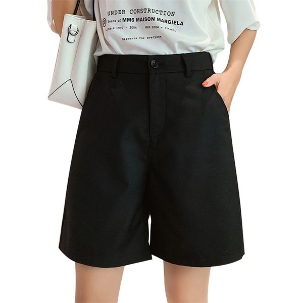 

back elastic waist shorts women high bermuda female plus size black girls retro fashion outfit wide leg 210601, White;black