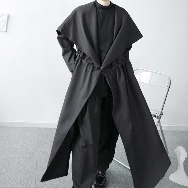 

men's trench coats teenagers' autumn abstinence department big lapel one button personality drawstring loose medium length minorit, Tan;black