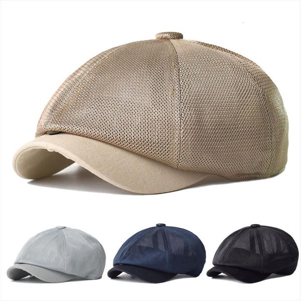 

spring summer mesh breathable newsboy caps casual outdoor retro beret hats octagonal hat fashion solid flat, Blue;gray