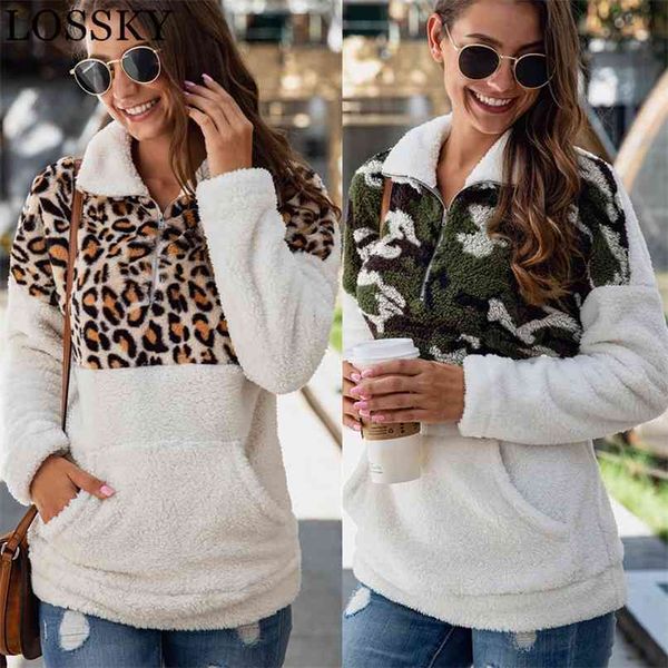 Mulheres Fleece Sweatshirt Outono Inverno Quente Casual Pelúcia Faux Pele Leopardo Retalhos Zíper Bolso Hoodies Turtleneck Top 210507