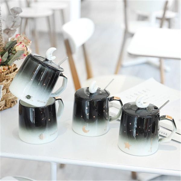 

400ml creativity korean gradient starry sky gold-bellied ceramic cup water creative mug business office coffee with lid mugs