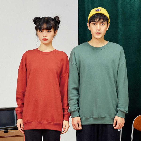 

2021350g drop shoulder sleeve fashion brand loose large multi color cotton terry couple round neck solid color sweater man, White;black