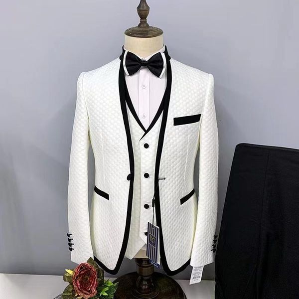 

men's suits & blazers 3 piece white v neck bump single row one button slim fit formal for wedding groomsmen tuxedos clothing (no tie), White;black