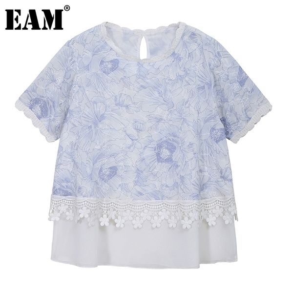 

[eam] women blue lace spliced big size printed t-shirt round neck short sleeve fashion spring summer 1dd8707 210512, White