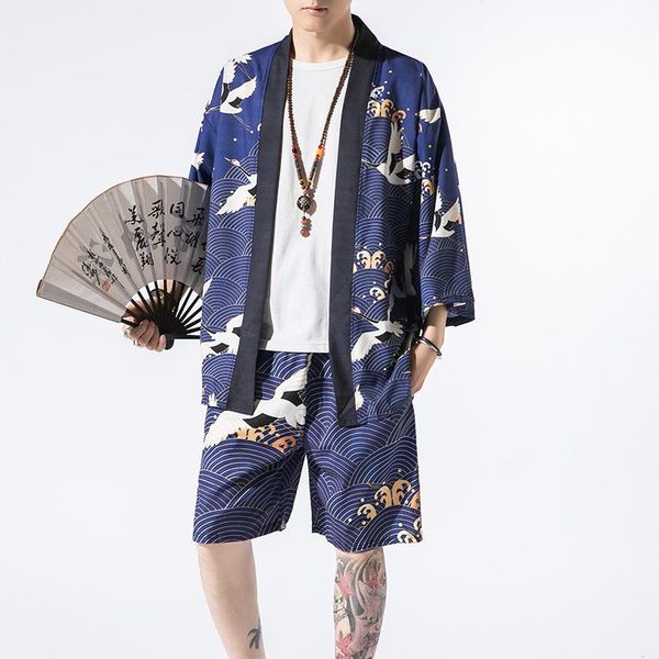 

ethnic clothing kimono karate streetwear shirt sets men japanese cardigan&shorts summer samurai japones men's haori yukata jacket, Red