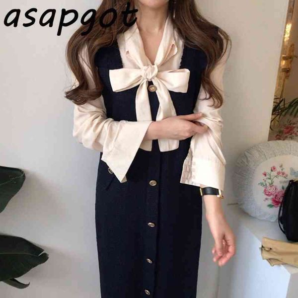 

office lady fashion chic slim lace up puff long sleeve bow blouse tweed single-breasted split tank dress vintage elegant 210407, White