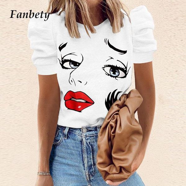 

women's t-shirt 2021 vintage puff sleeve women shirt summer casual o neck korean style ladies elegant fashion girl printed loose blusa, White