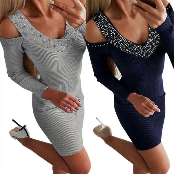 

ol diamond autumn women dresses bodycon party office club full mini off shoulder long sleeve, Black;gray