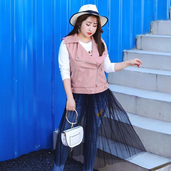 

women's vests detachable mesh lace soft organza long skirt zipper button rivet double wear fake 2 piece pu leather vest short coat jack, Black;white