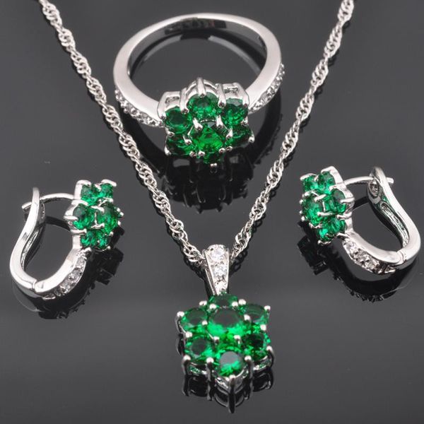 

earrings & necklace 2021 green zirconia women's silver color jewelry sets pendant rings qz0503