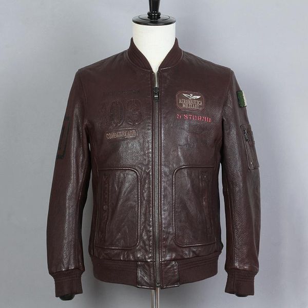 

men's leather & faux 2021 fashion genuine men brown cow flight mens slim fit bomber jacket baseball coat male, Black