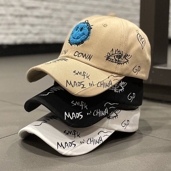

korean version of dongdamen smiling face female embroidery graffiti letter old hole duck tongue hat cute versatile baseball cap, Blue;gray