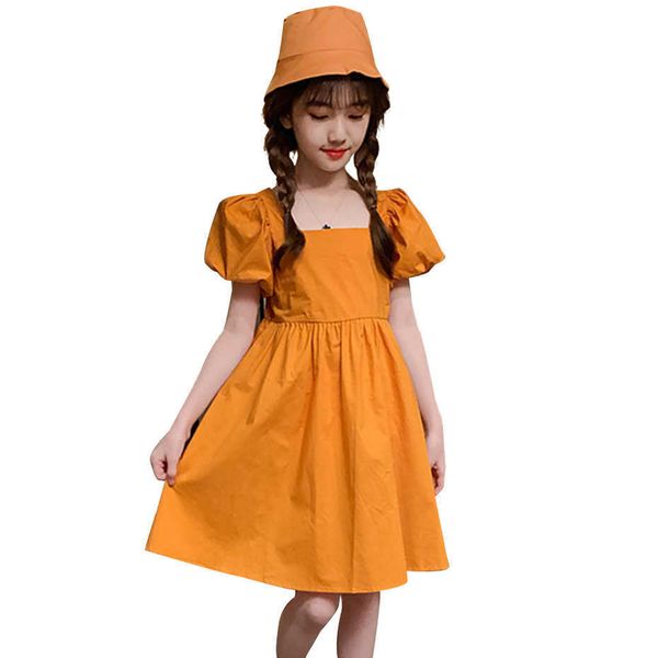 

kids dresses for girls puff sleeve party girl square collar children summer solid color clothes 210528, Red;yellow