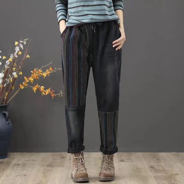 

women's jeans autumn winter retro women loose fleece warm denim pants elastic waist embroidery bleached blended casual trousers, Blue