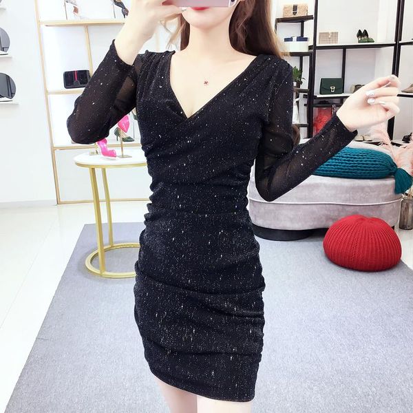 

casual dresses women dress full sleeve mesh skinny v-neck night deep hip render 9111, Black;gray