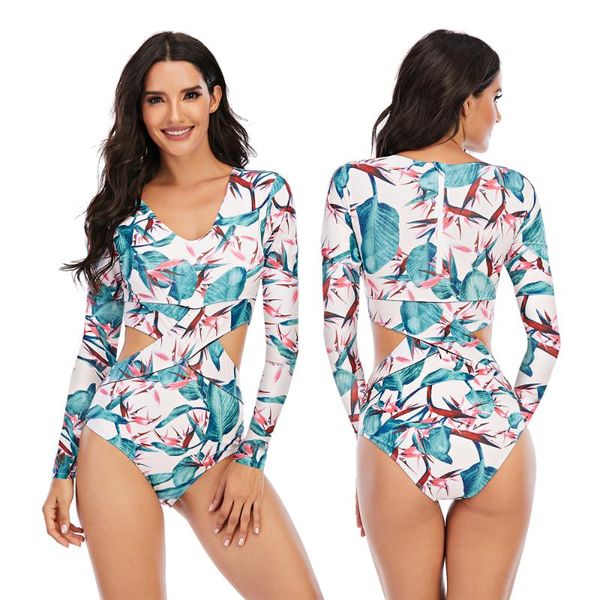 

women surfing one piece swimsuit long sleeve swimwear for famle swimming bathing suits beachwear small to plus size one-piece