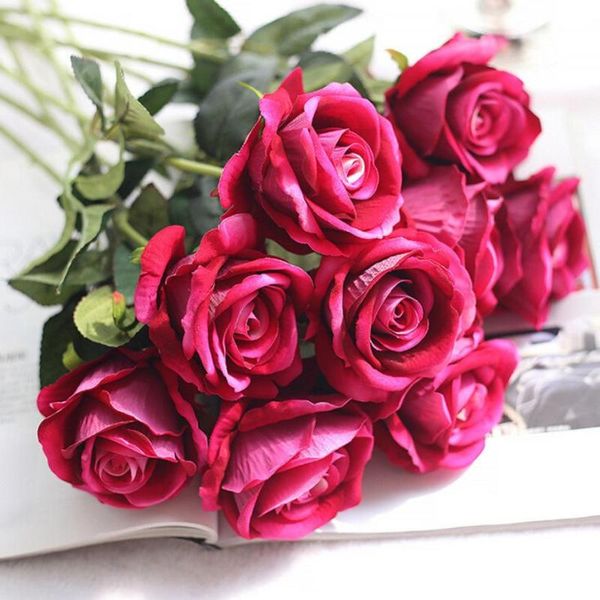 

5pcs silk flower european bouquet artificial flowers vivid flannel roses fake leaf wedding home party decoration decorative & w