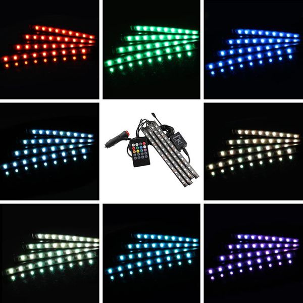 

strips 4pcs 12v light car interior rgb led strip tape 5 12 v music/ir/app control auto decorative flexible kit fog lamp neon cord
