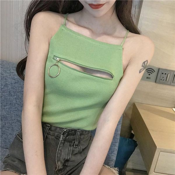 

women's tanks & camis y2k crop summer camisole female knitted solid zipper chic women street ladies sleeveless spaghetti, White