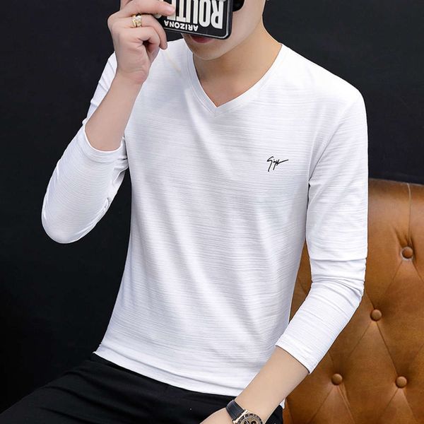 

men's long sleeve t-shirt autumn v-neck slim trend white cotton, White;black