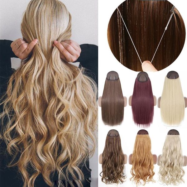 

synthetic wigs no clip straight halo hair natural black blonde one piece false hairpiece fish line fake